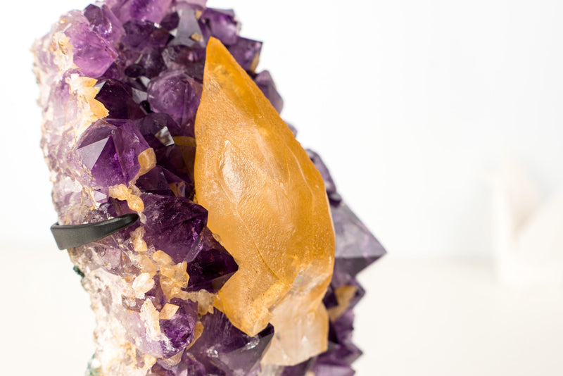Rare Golden Yellow Calcite Specimen on Deep Purple Amethyst Cluster – Collector's Gemmy Golden Calcite - 4.0 Kg - 8.7 lb - E2D Crystals & Minerals
