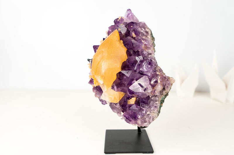 Rare Golden Yellow Calcite Specimen on Deep Purple Amethyst Cluster – Collector's Gemmy Golden Calcite - 4.0 Kg - 8.7 lb - E2D Crystals & Minerals