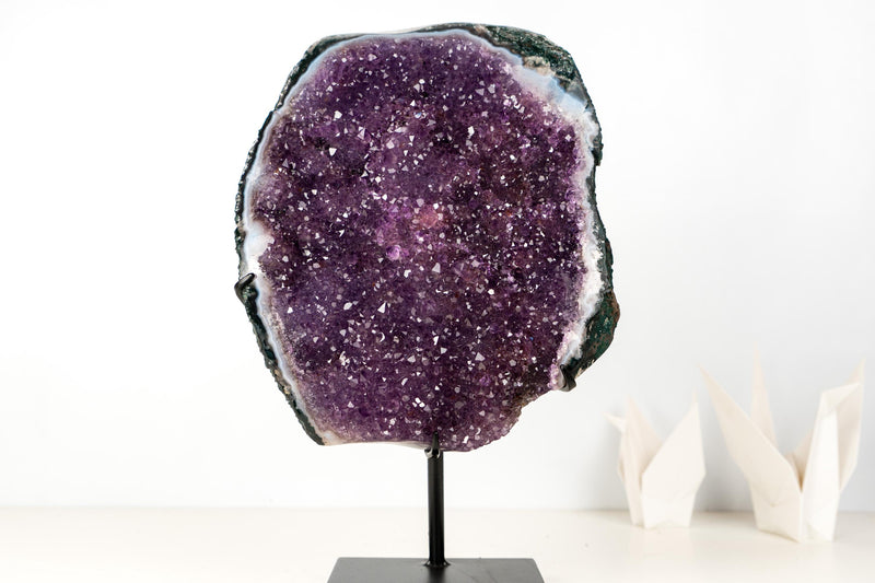 All - Natural Amethyst Geode Cluster – 18” Large Crystal with Galaxy Druzy, Calcite Inclusion & Polished Agate Edge - E2D Crystals & Minerals