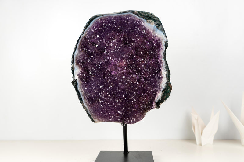 All - Natural Amethyst Geode Cluster – 18” Large Crystal with Galaxy Druzy, Calcite Inclusion & Polished Agate Edge - E2D Crystals & Minerals