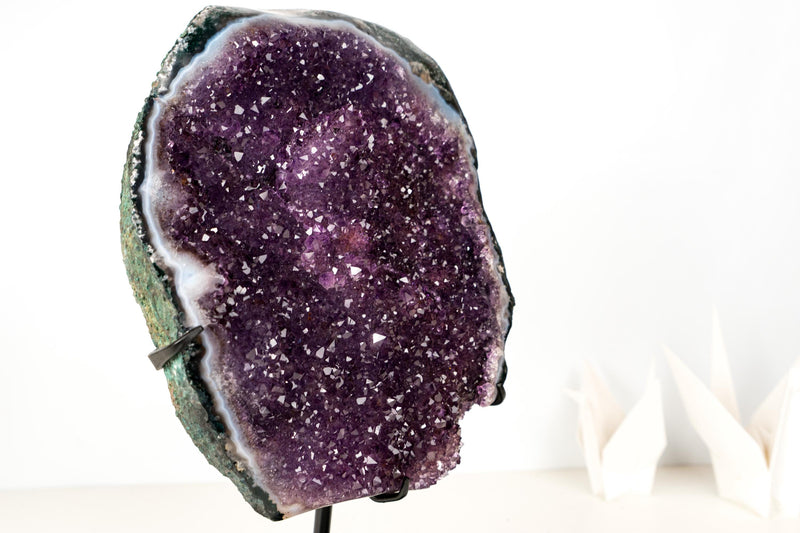 All - Natural Amethyst Geode Cluster – 18” Large Crystal with Galaxy Druzy, Calcite Inclusion & Polished Agate Edge - E2D Crystals & Minerals