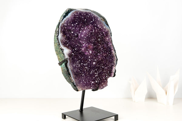 All - Natural Amethyst Geode Cluster – 18” Large Crystal with Galaxy Druzy, Calcite Inclusion & Polished Agate Edge - E2D Crystals & Minerals