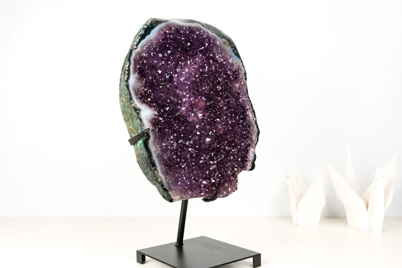 All - Natural Amethyst Geode Cluster – 18” Large Crystal with Galaxy Druzy, Calcite Inclusion & Polished Agate Edge - E2D Crystals & Minerals