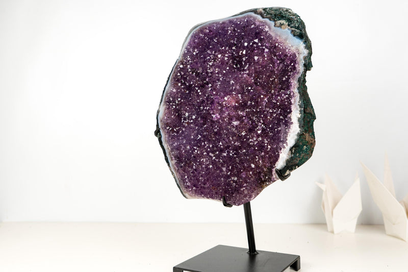 All - Natural Amethyst Geode Cluster – 18” Large Crystal with Galaxy Druzy, Calcite Inclusion & Polished Agate Edge - E2D Crystals & Minerals