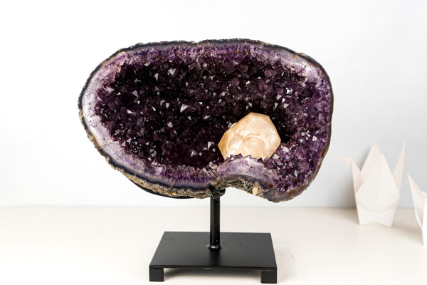 Spectacular Large Amethyst Geode Cave with Deep Purple Druzy and XL Calcite Crystal Inclusion – Statement Geode from Brazil 9.4 Kg 21 lb - E2D Crystals & Minerals