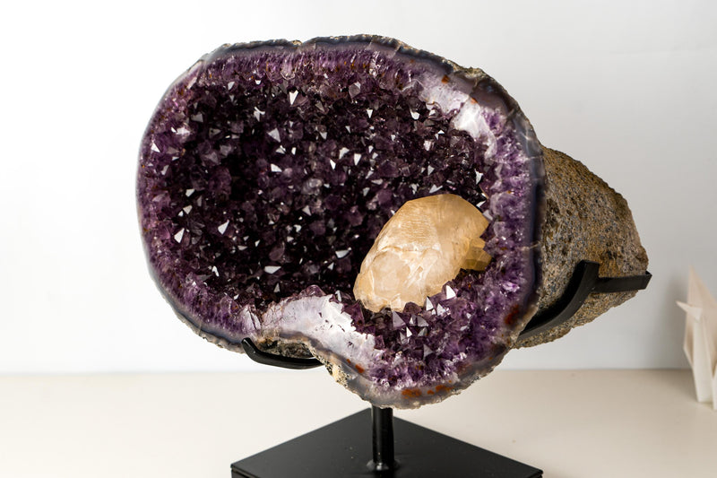 Spectacular Large Amethyst Geode Cave with Deep Purple Druzy and XL Calcite Crystal Inclusion – Statement Geode from Brazil 9.4 Kg 21 lb - E2D Crystals & Minerals