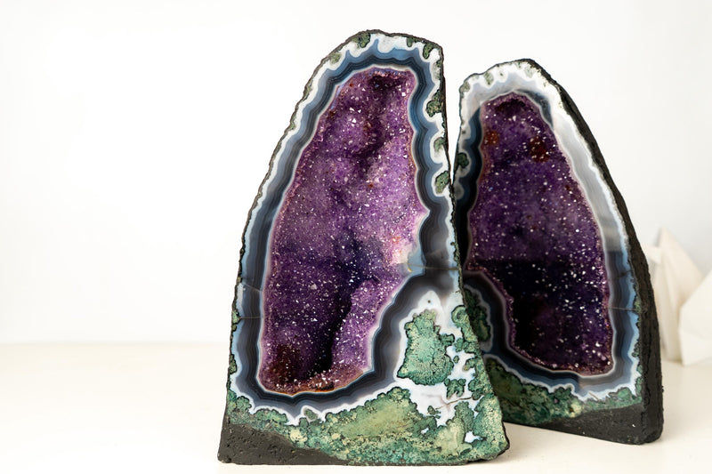 Collector - Grade Pair of Rare Lace Agate Cathedral Geodes with Violet Amethyst Druzy and Scenic Agate Drawings - 20 In. 49 Lb. - E2D Crystals & Minerals