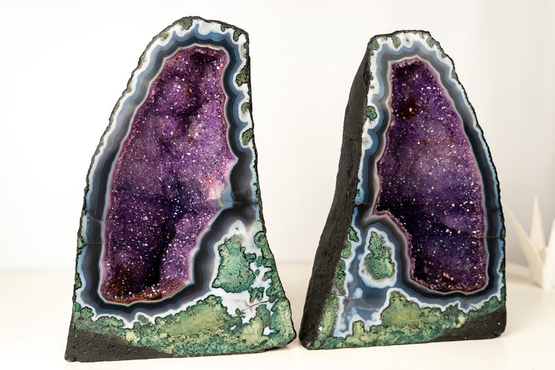 Collector - Grade Pair of Rare Lace Agate Cathedral Geodes with Violet Amethyst Druzy and Scenic Agate Drawings - 20 In. 49 Lb. - E2D Crystals & Minerals