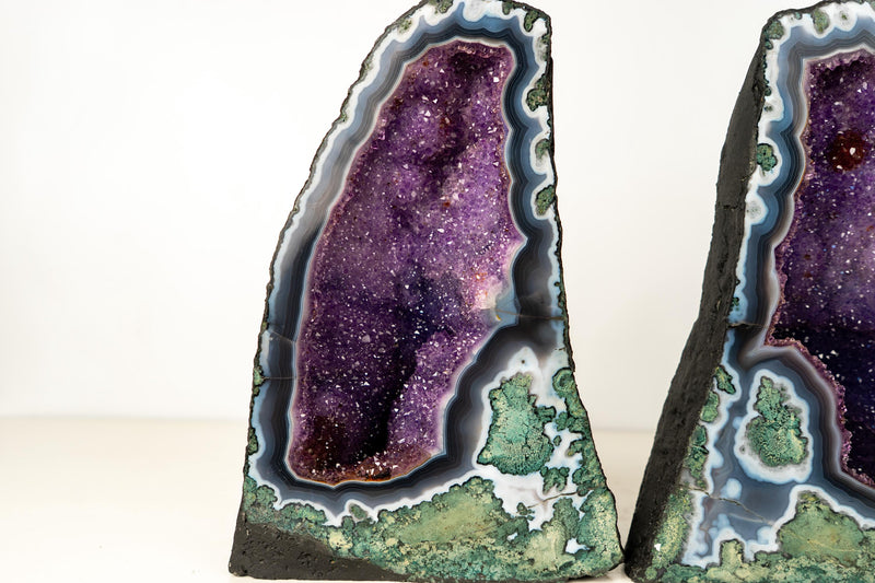 Collector - Grade Pair of Rare Lace Agate Cathedral Geodes with Violet Amethyst Druzy and Scenic Agate Drawings - 20 In. 49 Lb. - E2D Crystals & Minerals