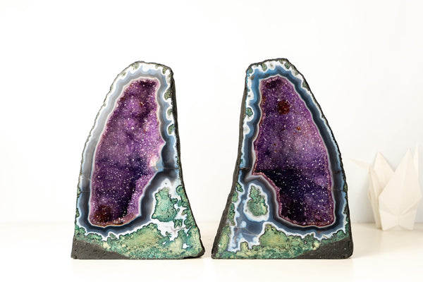 Collector - Grade Pair of Rare Lace Agate Cathedral Geodes with Violet Amethyst Druzy and Scenic Agate Drawings - 20 In. 49 Lb. - E2D Crystals & Minerals