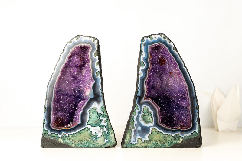Collector - Grade Pair of Rare Lace Agate Cathedral Geodes with Violet Amethyst Druzy and Scenic Agate Drawings - 20 In. 49 Lb. - E2D Crystals & Minerals