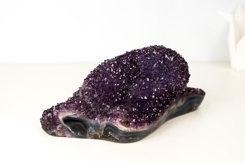 Sparkling Deep Purple Amethyst Flower Cluster on Blue Agate Matrix – Natural Sparkly Crystal Rosette – 15 Lb, 12 In. - E2D Crystals & Minerals