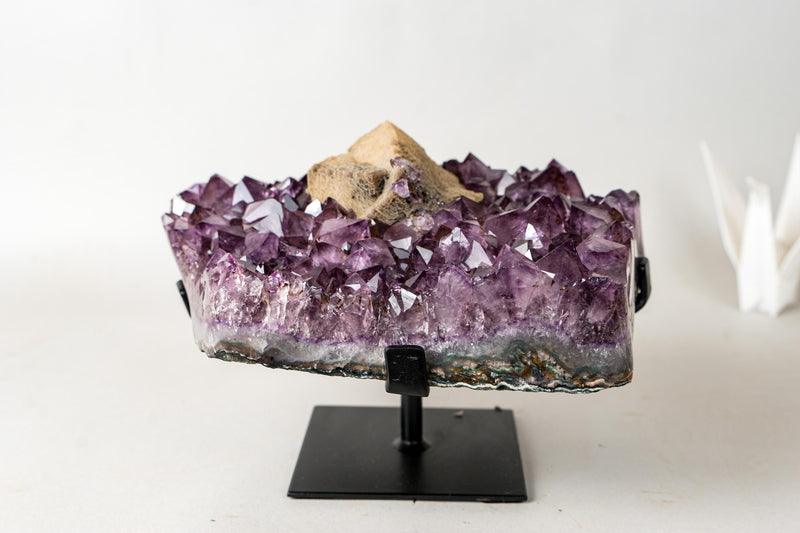 Rare Cubic Calcite with Green Sugar Druzy (Celadonite) on Amethyst Cluster (20 lb) – Large Cabinet Specimen - E2D Crystals & Minerals