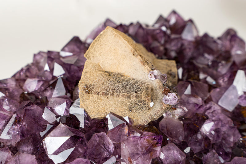 Rare Cubic Calcite with Green Sugar Druzy (Celadonite) on Amethyst Cluster (20 lb) – Large Cabinet Specimen - E2D Crystals & Minerals