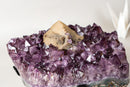 Rare Cubic Calcite with Green Sugar Druzy (Celadonite) on Amethyst Cluster (20 lb) – Large Cabinet Specimen - E2D Crystals & Minerals