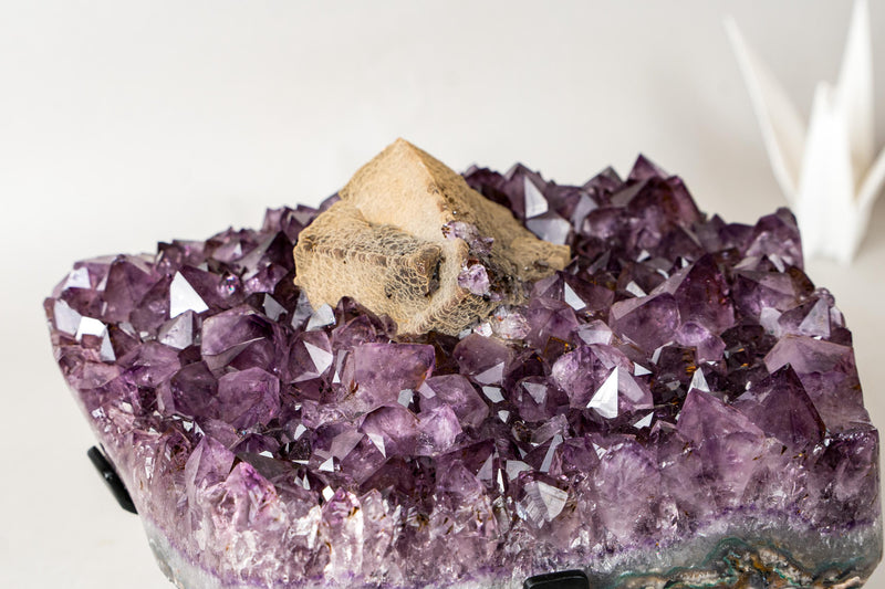 Rare Cubic Calcite with Green Sugar Druzy (Celadonite) on Amethyst Cluster (20 lb) – Large Cabinet Specimen - E2D Crystals & Minerals