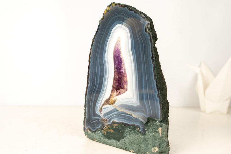 Gallery - Grade Blue & White Lace Agate Geode with Amethyst Druzy – All - Natural, Intact Agate Crystal Specimen (5.6 kg / 12.2 lb) - E2D Crystals & Minerals