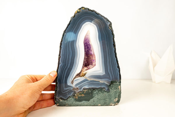 Gallery - Grade Blue & White Lace Agate Geode with Amethyst Druzy – All - Natural, Intact Agate Crystal Specimen (5.6 kg / 12.2 lb) - E2D Crystals & Minerals