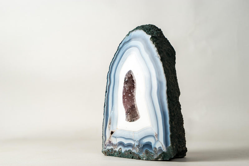The Chapel: Intact Blue Lace Agate Geode with Deep Purple Amethyst Druzy – All - Natural Collector’s Crystal (5.6 kg / 12.2 lb) - E2D Crystals & Minerals