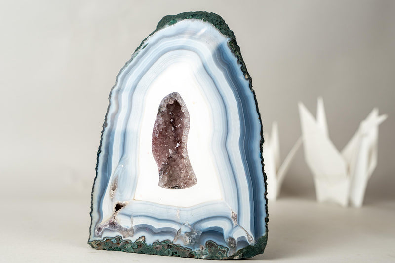 The Chapel: Intact Blue Lace Agate Geode with Deep Purple Amethyst Druzy – All - Natural Collector’s Crystal (5.6 kg / 12.2 lb) - E2D Crystals & Minerals