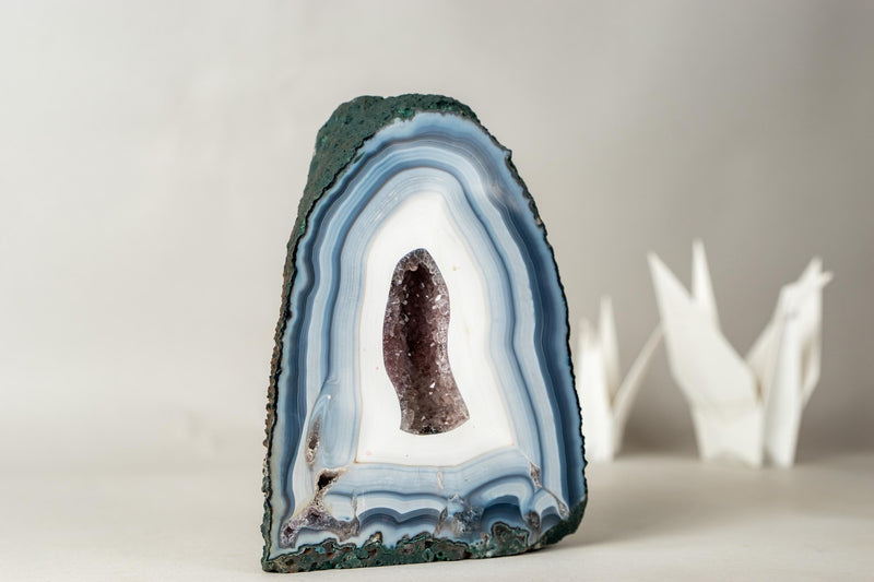 The Chapel: Intact Blue Lace Agate Geode with Deep Purple Amethyst Druzy – All - Natural Collector’s Crystal (5.6 kg / 12.2 lb) - E2D Crystals & Minerals