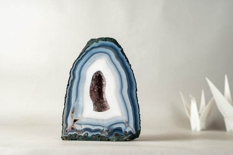 The Chapel: Intact Blue Lace Agate Geode with Deep Purple Amethyst Druzy – All - Natural Collector’s Crystal (5.6 kg / 12.2 lb) - E2D Crystals & Minerals