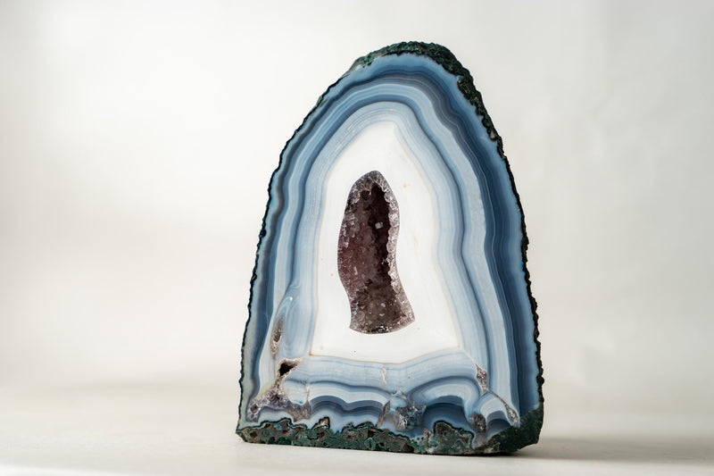 The Chapel: Intact Blue Lace Agate Geode with Deep Purple Amethyst Druzy – All - Natural Collector’s Crystal (5.6 kg / 12.2 lb) - E2D Crystals & Minerals