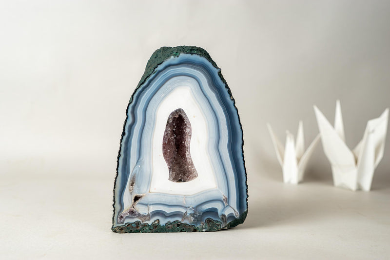 The Chapel: Intact Blue Lace Agate Geode with Deep Purple Amethyst Druzy – All - Natural Collector’s Crystal (5.6 kg / 12.2 lb) - E2D Crystals & Minerals