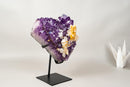 Rare Hexagonal Yellow Calcite with Inclusions on Gemmy Purple Amethyst Cluster – Collector - Grade Specimen - E2D Crystals & Minerals