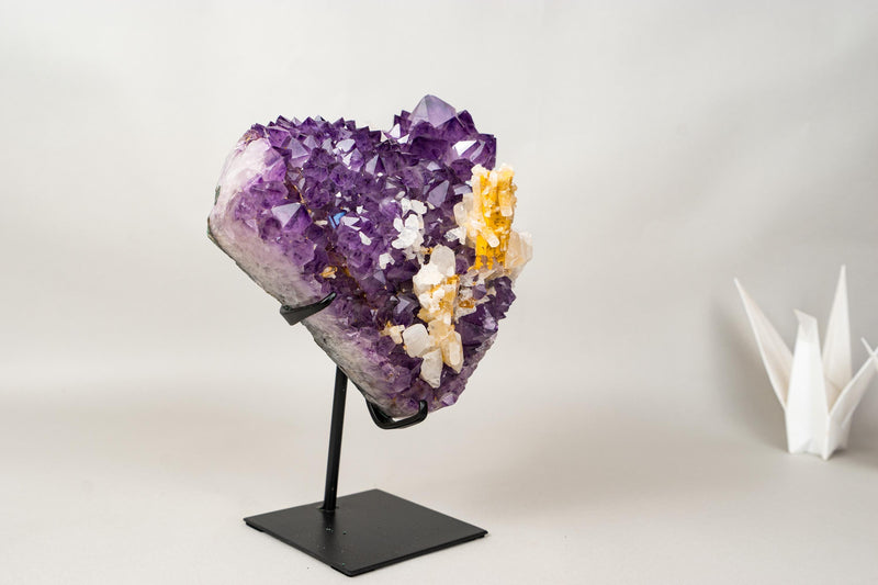Rare Hexagonal Yellow Calcite with Inclusions on Gemmy Purple Amethyst Cluster – Collector - Grade Specimen - E2D Crystals & Minerals