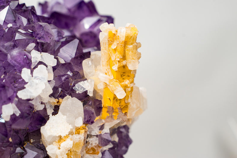 Rare Hexagonal Yellow Calcite with Inclusions on Gemmy Purple Amethyst Cluster – Collector - Grade Specimen - E2D Crystals & Minerals
