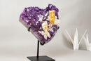 Rare Hexagonal Yellow Calcite with Inclusions on Gemmy Purple Amethyst Cluster – Collector - Grade Specimen - E2D Crystals & Minerals