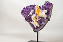 Rare Hexagonal Yellow Calcite with Inclusions on Gemmy Purple Amethyst Cluster – Collector - Grade Specimen - E2D Crystals & Minerals
