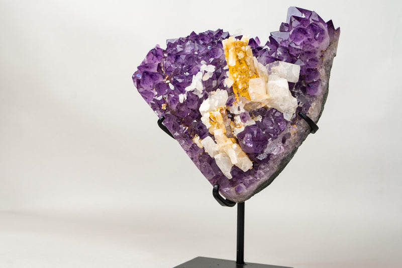 Rare Hexagonal Yellow Calcite with Inclusions on Gemmy Purple Amethyst Cluster – Collector - Grade Specimen - E2D Crystals & Minerals