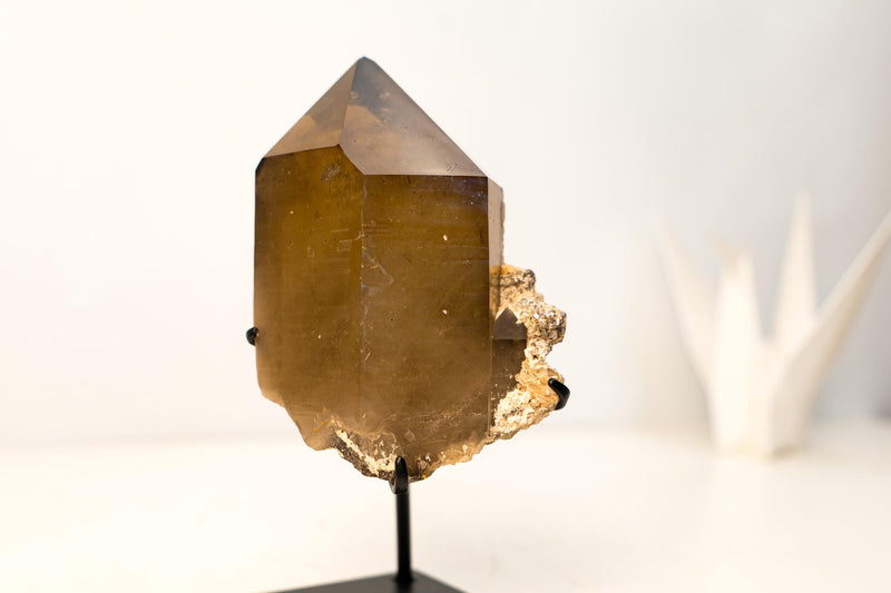 Natural Smoky Amber Citrine Crystal Quartz with Lemurian Striations on Feldspar Matrix – Untreated Brazilian Specimen, 4 Lb. - E2D Crystals & Minerals