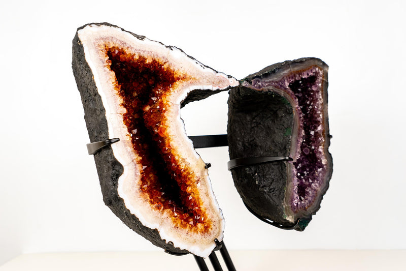 Citrine & Amethyst Geode Wings – Natural Bookmatched Pair on Custom Metal Stand - Ethically Sourced, 49 Lb. - E2D Crystals & Minerals