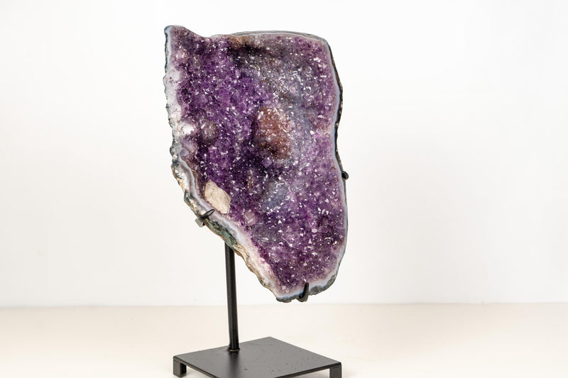 Purple Galaxy Amethyst Cluster with Calcite, Golden Goethite & Rare Inclusions on Custom Stand – Natural Brazilian Crystal - 1.0 Kg - 2.2 lb - E2D Crystals & Minerals