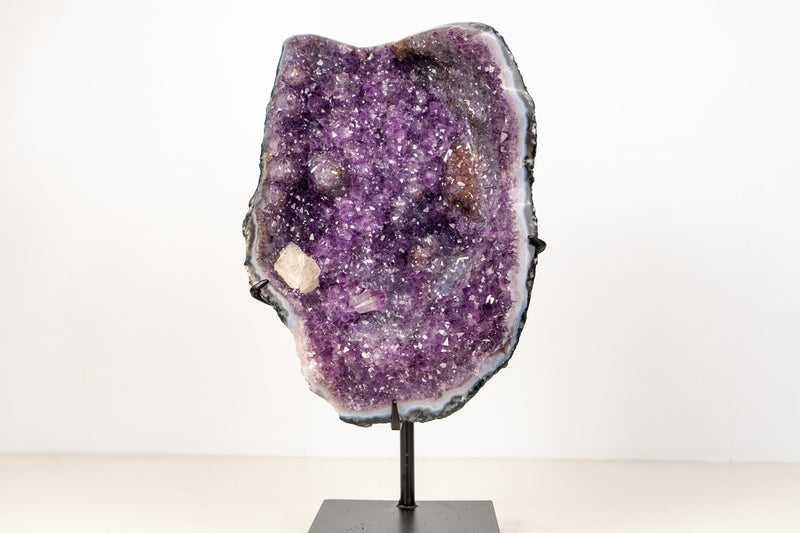 Purple Galaxy Amethyst Cluster with Calcite, Golden Goethite & Rare Inclusions on Custom Stand – Natural Brazilian Crystal - 1.0 Kg - 2.2 lb - E2D Crystals & Minerals