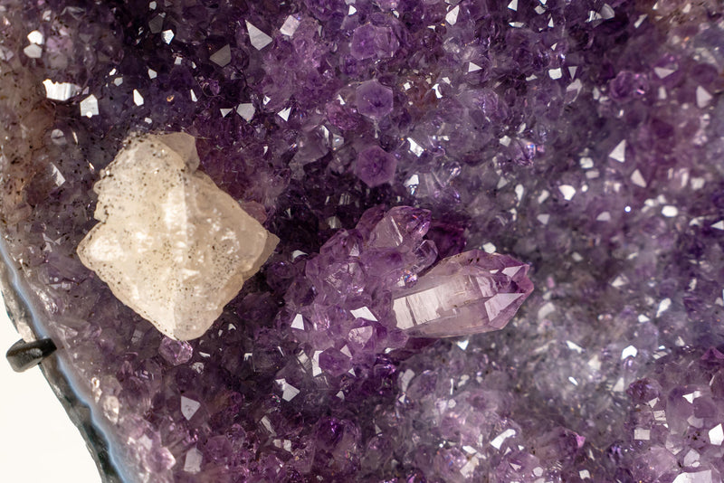 Purple Galaxy Amethyst Cluster with Calcite, Golden Goethite & Rare Inclusions on Custom Stand – Natural Brazilian Crystal - 1.0 Kg - 2.2 lb - E2D Crystals & Minerals