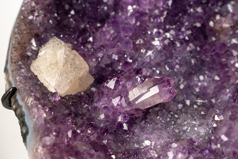 Purple Galaxy Amethyst Cluster with Calcite, Golden Goethite & Rare Inclusions on Custom Stand – Natural Brazilian Crystal - 1.0 Kg - 2.2 lb - E2D Crystals & Minerals