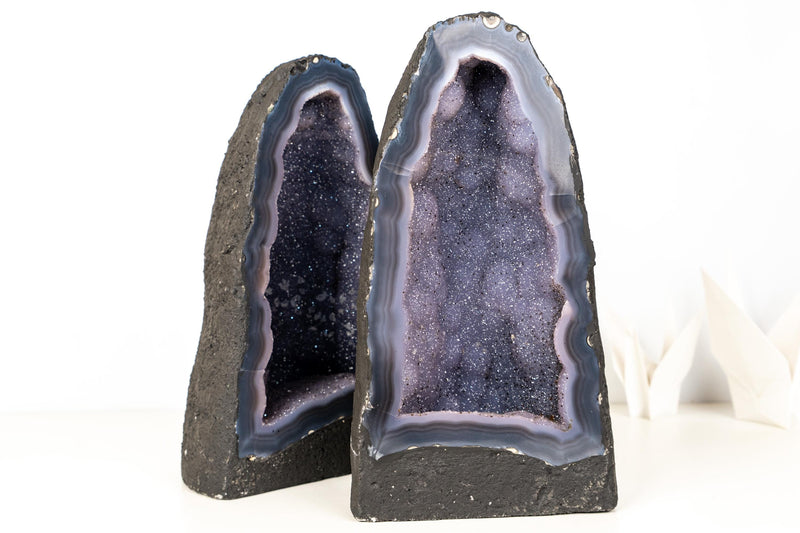 Pair of Rare Blue Agate Geode Cathedrals with Sparkly Blue Galaxy Druzy Amethyst and Calcite Inclusions - Bookmatching Pair, 42 Lb. - E2D Crystals & Minerals