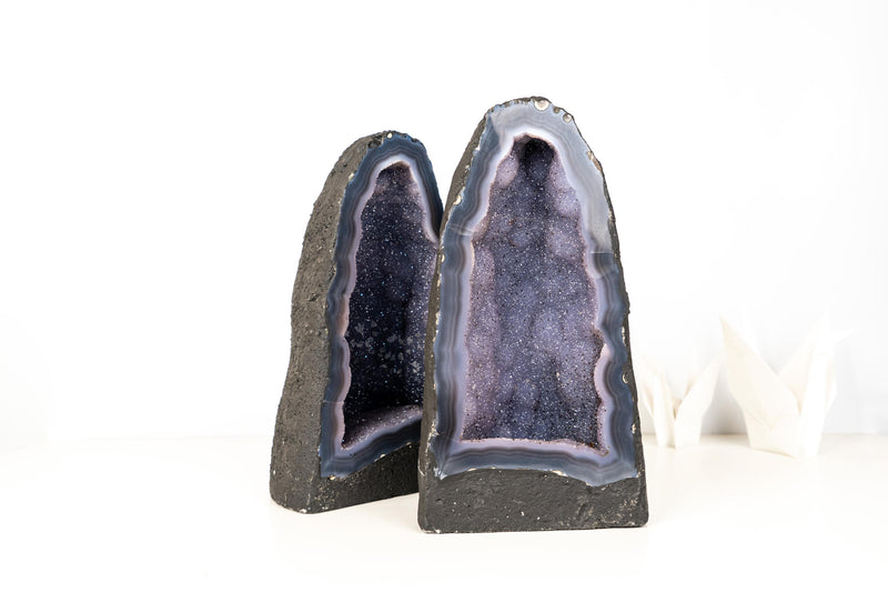 Pair of Rare Blue Agate Geode Cathedrals with Sparkly Blue Galaxy Druzy Amethyst and Calcite Inclusions - Bookmatching Pair, 42 Lb. - E2D Crystals & Minerals