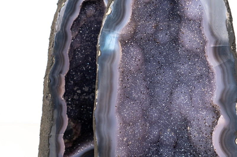 Pair of Rare Blue Agate Geode Cathedrals with Sparkly Blue Galaxy Druzy Amethyst and Calcite Inclusions - Bookmatching Pair, 42 Lb. - E2D Crystals & Minerals