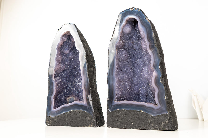 Pair of Rare Blue Agate Geode Cathedrals with Sparkly Blue Galaxy Druzy Amethyst and Calcite Inclusions - Bookmatching Pair, 42 Lb. - E2D Crystals & Minerals