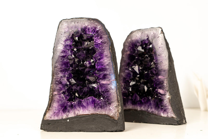 Bookmatching Pair of AAA - Grade Amethyst Geodes with Deep Purple Druzy Crystals – Natural Small Amethyst, 8.9 Kg - 19.5 lb - E2D Crystals & Minerals