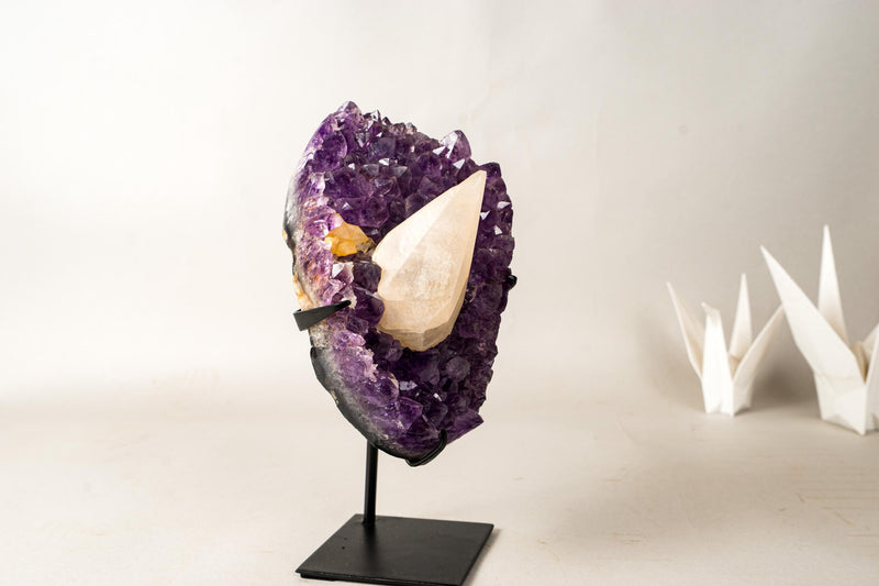UV - Reactive Calcite on Brazilian Purple Amethyst Cluster – Natural Pristine 6.4 lb Collector Display - E2D Crystals & Minerals