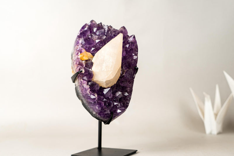 UV - Reactive Calcite on Brazilian Purple Amethyst Cluster – Natural Pristine 6.4 lb Collector Display - E2D Crystals & Minerals