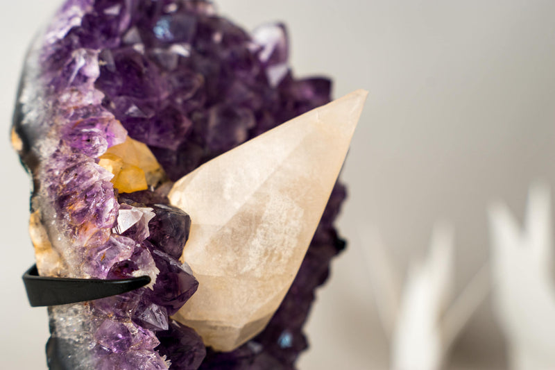 UV - Reactive Calcite on Brazilian Purple Amethyst Cluster – Natural Pristine 6.4 lb Collector Display - E2D Crystals & Minerals