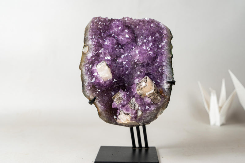 Brazilian Amethyst Cluster with Rare Cubic Calcite, Flower Stalactites & Goethite – 9.5 lb / 4.3 kg Crystal Display on Stand - E2D Crystals & Minerals