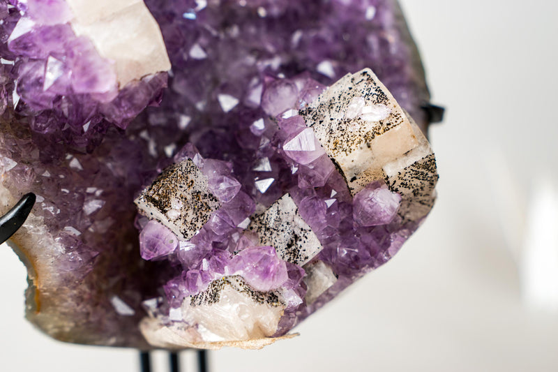 Brazilian Amethyst Cluster with Rare Cubic Calcite, Flower Stalactites & Goethite – 9.5 lb / 4.3 kg Crystal Display on Stand - E2D Crystals & Minerals